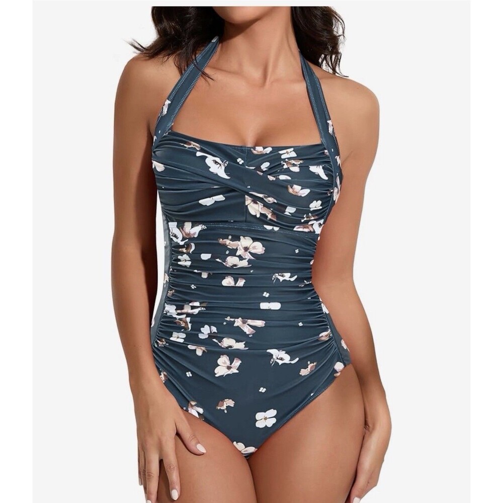 Smismivo Tummy Control Swimsuit Halter One Piece Slimming floral Retro size M